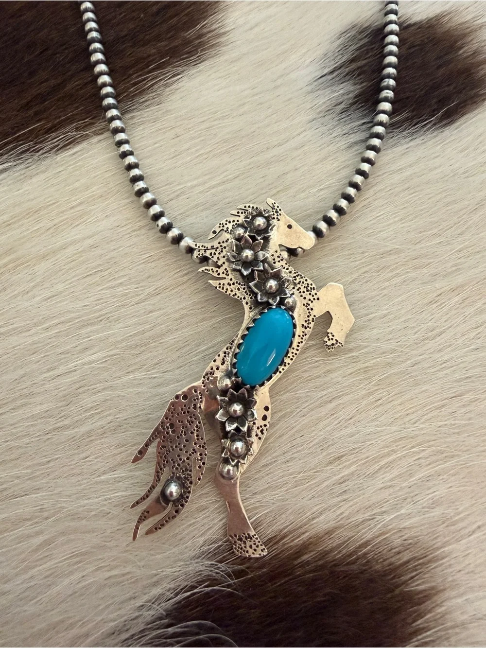 ❤️ Sleeping Beauty Turquoise Sterling Hand Stamped Rearing Horse Pendant 2.22”L